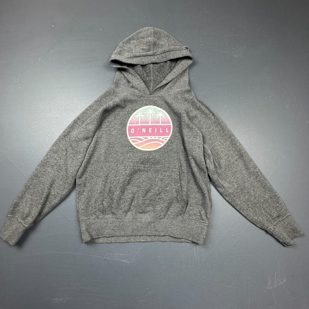O'Neill Boys S Gray Pullover Hoodie Graphic Beach Palm Trees Logo Sweatshirt Top